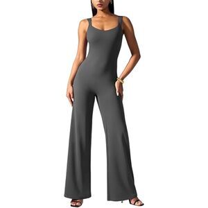 Vilanva Grey Stretch Wide Leg Jumpsuit W Built In Bra Size XL NWT Bust 35.5 In